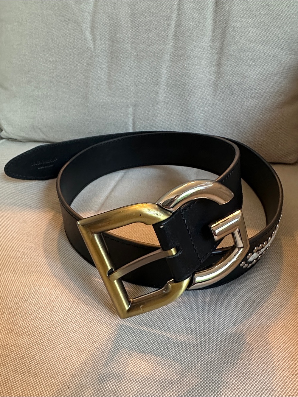 Edgy Black Leather Feel Studded Belt w/ Snakeskin & Mixed Metal Logo Buckle 42"